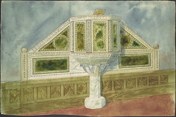 Design for marble pulpit, Louis C. Tiffany (American, New York 1848–1933 New York), Watercolor, glazing media, pen and inks, including brown ink and bronze metallic ink, and graphite on off-white wove paper, American 