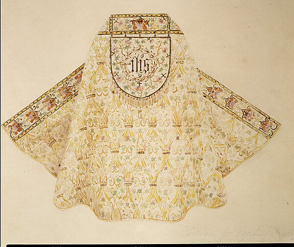 Design for vestment, Louis C. Tiffany (American, New York 1848–1933 New York), Watercolor, metallic ink, and graphite on paper-faced artist's board, American 