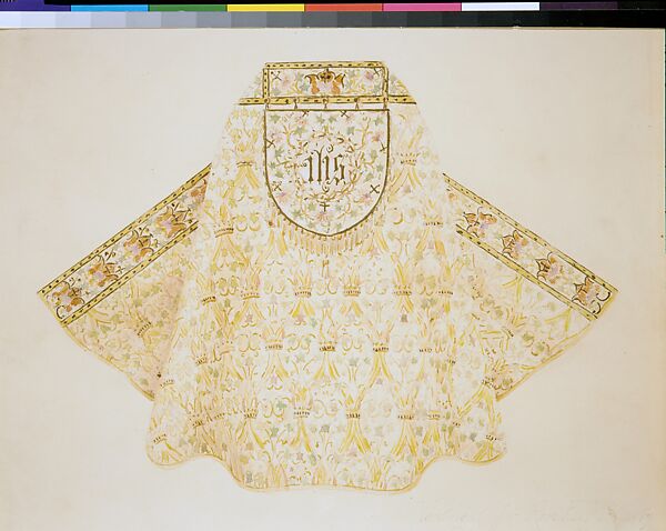 Vestment for Rev. E. McCurdy, St. Augustine's Church, Brooklyn, NY, Louis C. Tiffany (American, New York 1848–1933 New York), Transparent watercolor, metallic ink, and graphite on paper-faced artist's board, American