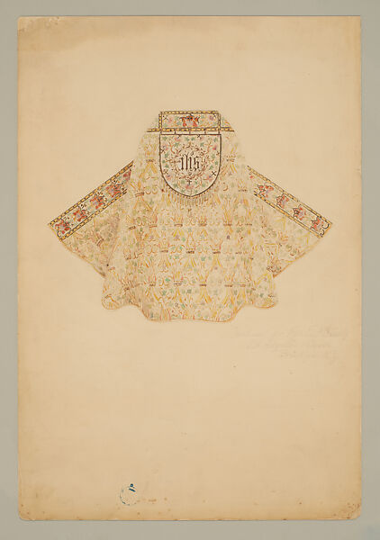 Vestment for Rev. E. McCurdy, St. Augustine's Church, Brooklyn, NY, Louis C. Tiffany (American, New York 1848–1933 New York), Transparent watercolor, metallic ink, and graphite on paper-faced artist's board, American