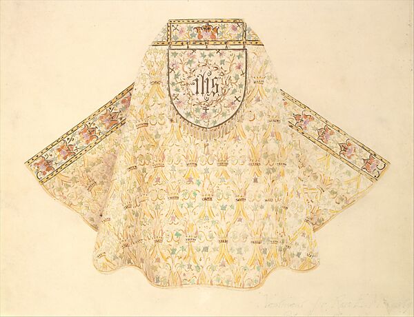 Vestment for Rev. E. McCurdy, St. Augustine's Church, Brooklyn, NY, Louis C. Tiffany (American, New York 1848–1933 New York), Transparent watercolor, metallic ink, and graphite on paper-faced artist's board, American