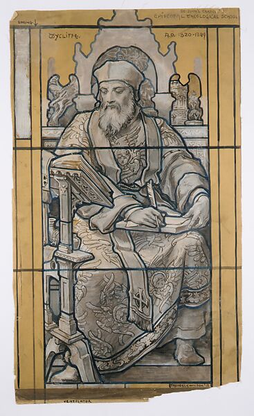 Cartoon for window, Wycliffe, St. John's Chapel Episcopal Divinity School, Cambridge, Massachusetts, Louis C. Tiffany (American, New York 1848–1933 New York), Transparent and opaque watercolor, graphite, and powdered charcoal for pouncing on heavy tan wove paper, American