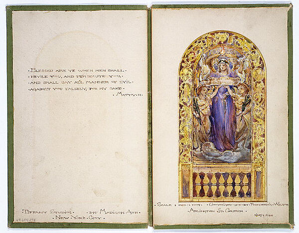 Design for beatitude window, Arlington Street Church, Boston, Louis C. Tiffany (American, New York 1848–1933 New York), Transparent and opaque watercolor, brown ink, and graphite on paper, mounted within cloth-covered portfolio, American