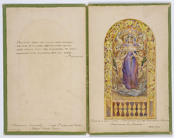 Design for beatitude window, Arlington Street Church, Boston, Louis C. Tiffany (American, New York 1848–1933 New York), Transparent and opaque watercolor, brown ink, and graphite on paper, mounted within cloth-covered portfolio, American
