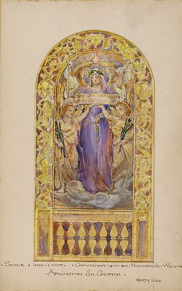 Design for beatitude window in presentation portfolio for Arlington Street Church, Boston, Massachusetts, Frederick Wilson (American (born Ireland), Dublin 1858–1932 Los Angeles, California) 1858-1932, Watercolor, gouache, brown ink, and graphite on artists board with mat, set in presentation portfolio of wood pulp paper., American 