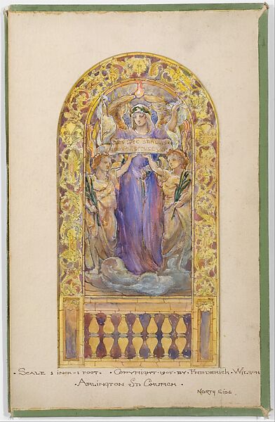 Design for beatitude window, Arlington Street Church, Boston, Louis C. Tiffany (American, New York 1848–1933 New York), Transparent and opaque watercolor, brown ink, and graphite on paper, mounted within cloth-covered portfolio, American
