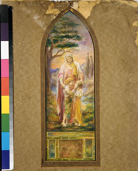 "Suggestion, for, Window, Mrs. Walter C. Tetor, Kingston, [?Pennsylvania], Louis C. Tiffany (American, New York 1848–1933 New York), Transparent and opaque watercolor, ink, and graphite on collage of gelatin silver print mounted on paper, American