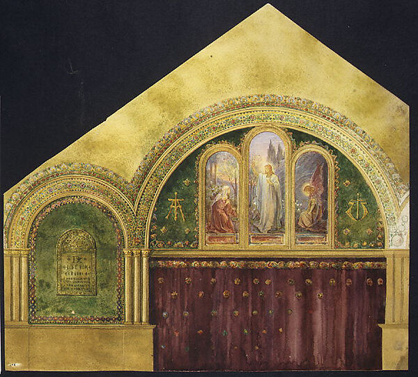 Design for chancel with Noli Me Tangere window, First Presbyterian Church, Lake Forest, Illinois, Louis C. Tiffany (American, New York 1848–1933 New York), Transparent and opaque watercolor, photograph, collage, pen and colored inks, graphite, American
