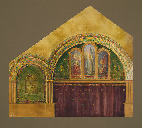 Design for chancel with Noli Me Tangere window, First Presbyterian Church, Lake Forest, Illinois, Louis C. Tiffany (American, New York 1848–1933 New York), Transparent and opaque watercolor, photograph, collage, pen and colored inks, graphite, American