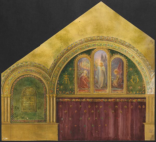 Design for chancel with Noli Me Tangere window, First Presbyterian Church, Lake Forest, Illinois, Louis C. Tiffany (American, New York 1848–1933 New York), Transparent and opaque watercolor, photograph, collage, pen and colored inks, graphite, American