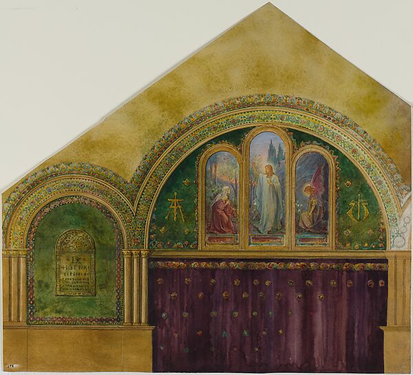 Design for church interior with Noli Me Tangere window, Louis C. Tiffany (American, New York 1848–1933 New York), Watercolor, gouache, photograph, collage, pen and colored inks, graphite, American 