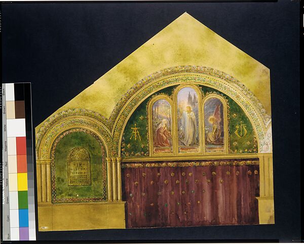 Design for chancel with Noli Me Tangere window, First Presbyterian Church, Lake Forest, Illinois, Louis C. Tiffany (American, New York 1848–1933 New York), Transparent and opaque watercolor, photograph, collage, pen and colored inks, graphite, American