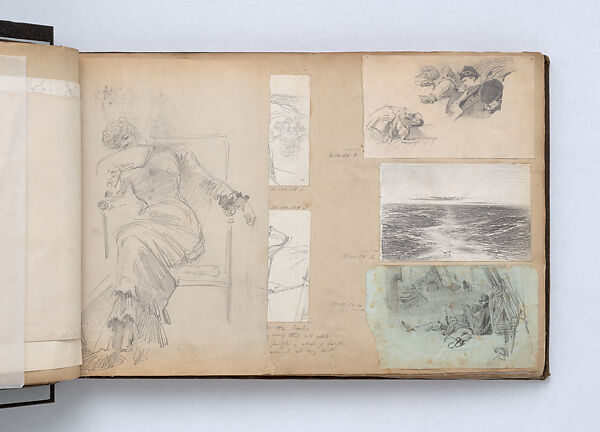 Scrapbook, John Singer Sargent (American, Florence 1856–1925 London), Album containing ephemera and drawings (pencil and gouache on paper), American