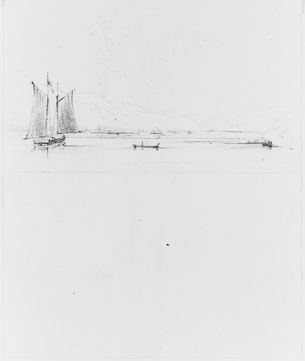Study of Lake, with Sailboat and Canoe, Set Against Mountains (from Sketchbook), John William Casilear (American, New York 1811–1893 Saratoga Springs, New York), Graphite on wove paper, American 