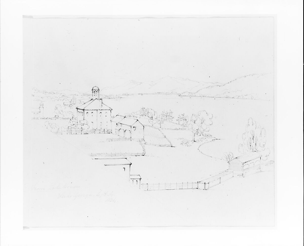 View from Lake House: School, Barn and Church (from Sketchbook), John William Casilear (American, New York 1811–1893 Saratoga Springs, New York), Graphite on wove paper, American 