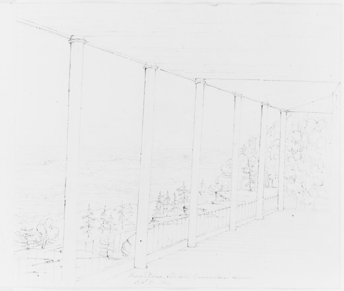 From Piazza. Catskill Mountain House (from Sketchbook), John William Casilear (American, New York 1811–1893 Saratoga Springs, New York), Graphite on wove paper, American 