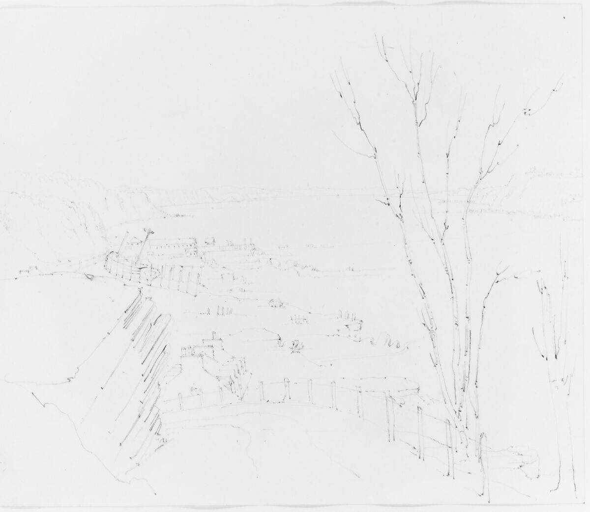 View of Shoreline from Roadway Above (from Sketchbook), John William Casilear (American, New York 1811–1893 Saratoga Springs, New York), Graphite on wove paper, American 