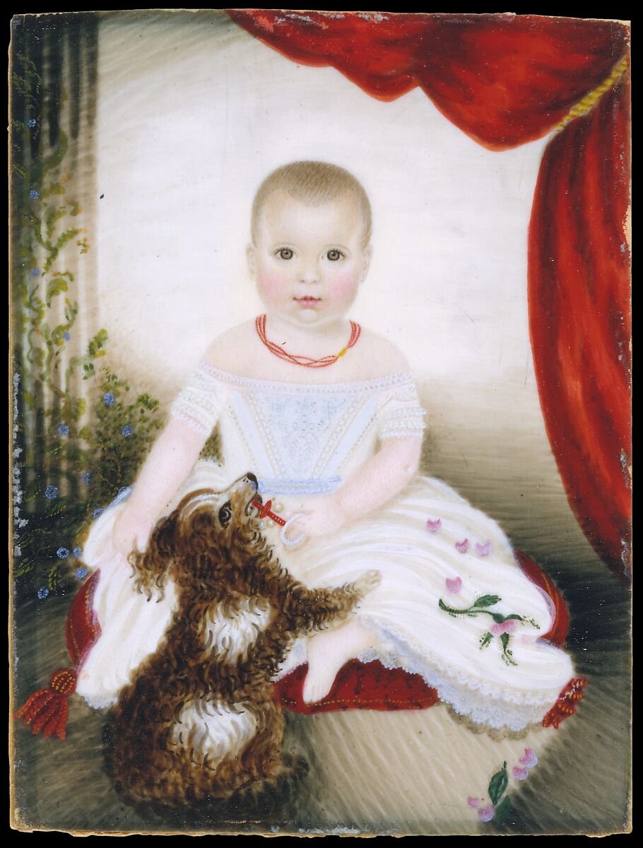 Baby with Rattle and Dog, Attributed to Mrs. Moses B. Russell (Clarissa Peters) (1809–1854), Watercolor and gouache on ivory, American 