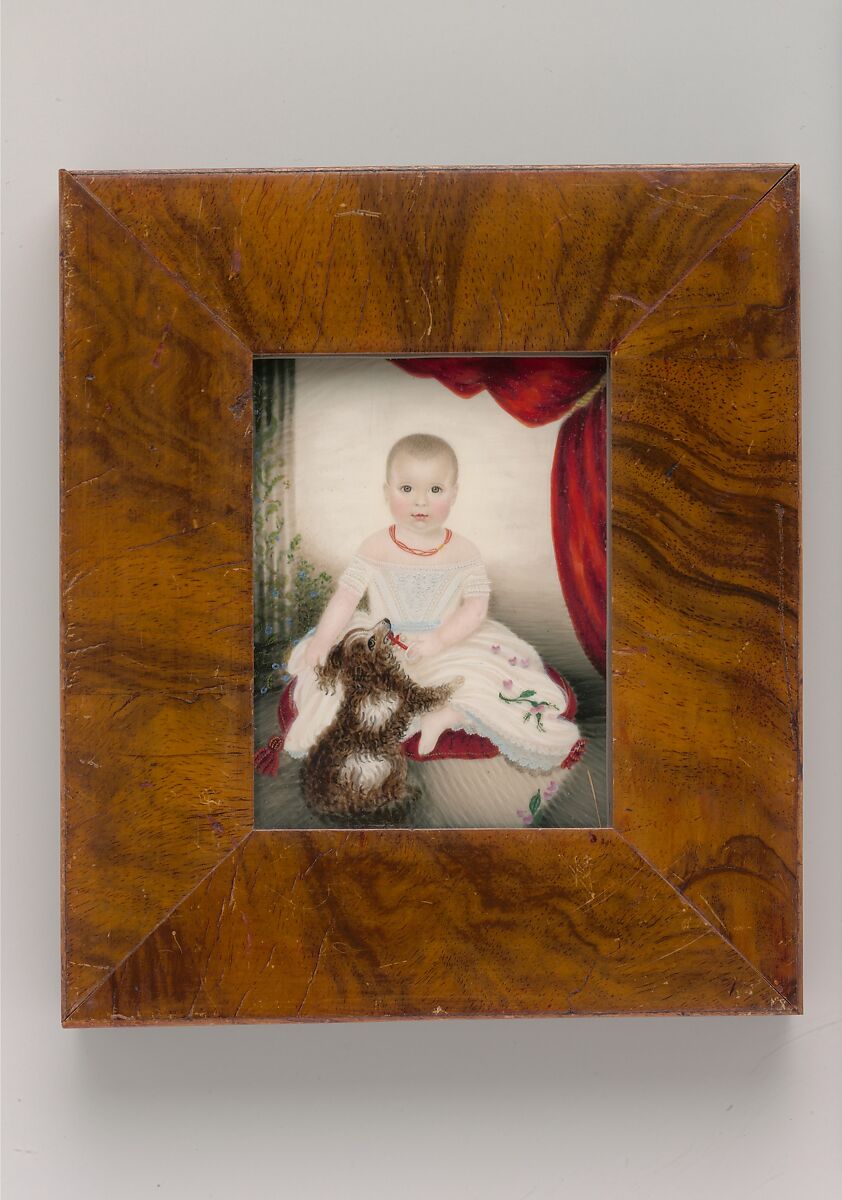 Baby with Rattle and Dog, Attributed to Mrs. Moses B. Russell (Clarissa Peters) (1809–1854), Watercolor and gouache on ivory, American