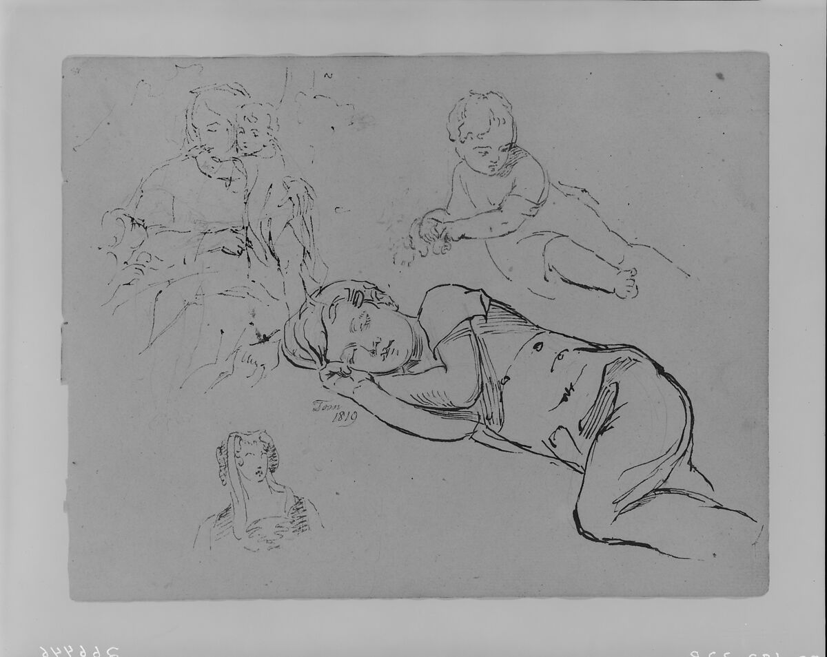 Portrait of Tom Sleeping, Woman Holding Two Children, Leaning Baby, Woman's Head (from Sketchbook), Thomas Sully (American, Horncastle, Lincolnshire 1783–1872 Philadelphia, Pennsylvania), Ink, graphite, on paper, American 