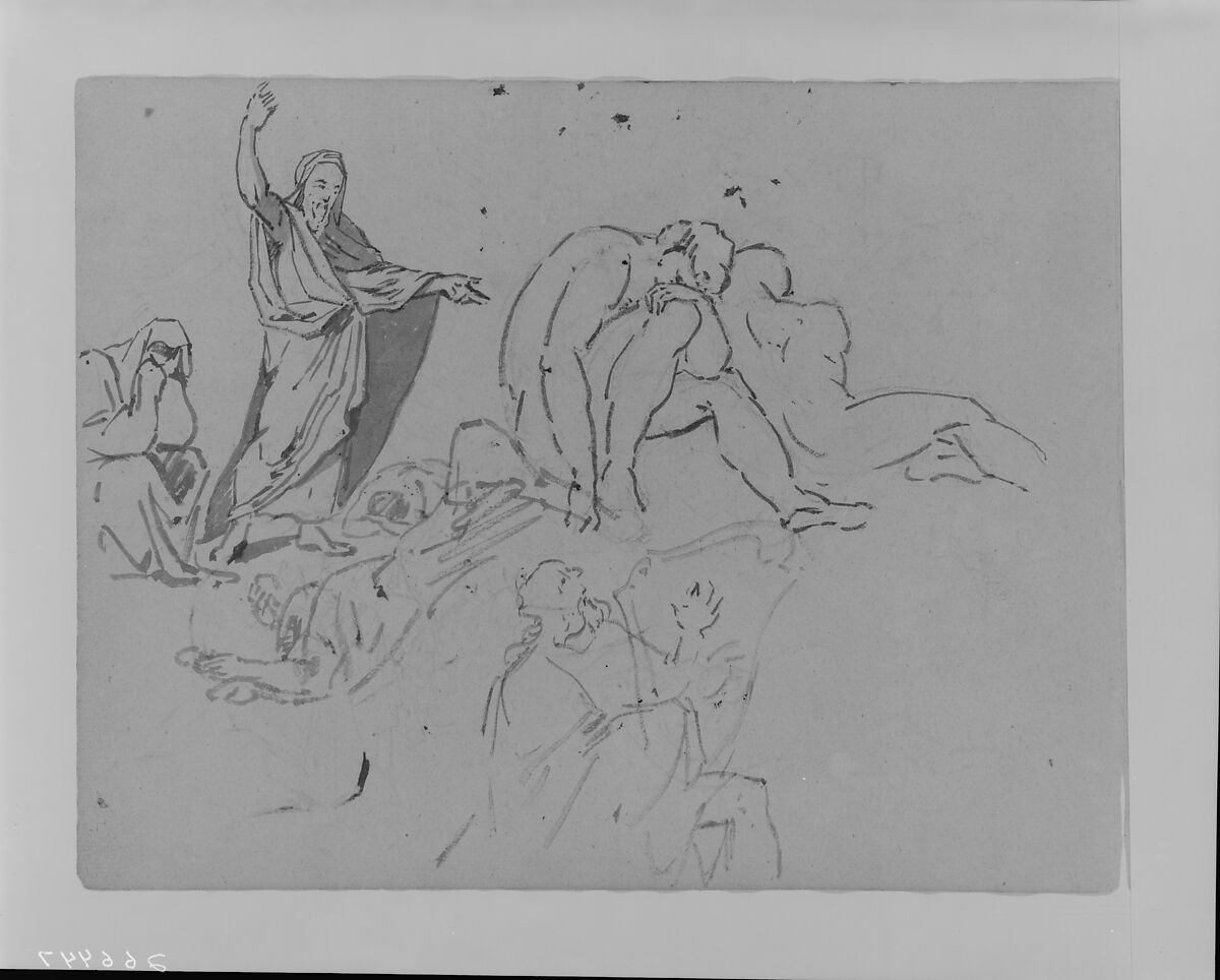 Man Preaching with Upraised Arm, Two Male Nudes, Man Playing Harp (from Sketchbook), Thomas Sully (American, Horncastle, Lincolnshire 1783–1872 Philadelphia, Pennsylvania), Wash, graphite, on paper, American 