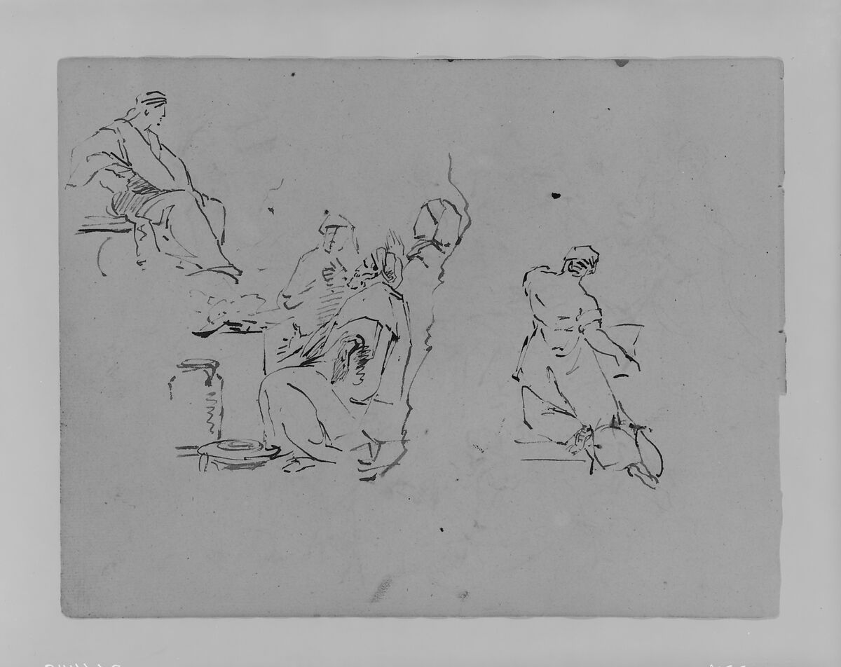 Seated Figure, Three Men in Group, Kneeling Woman from Rear, Kneeling Woman from Rear (from Sketchbook), Thomas Sully (American, Horncastle, Lincolnshire 1783–1872 Philadelphia, Pennsylvania), Wash, graphite, on paper, American 