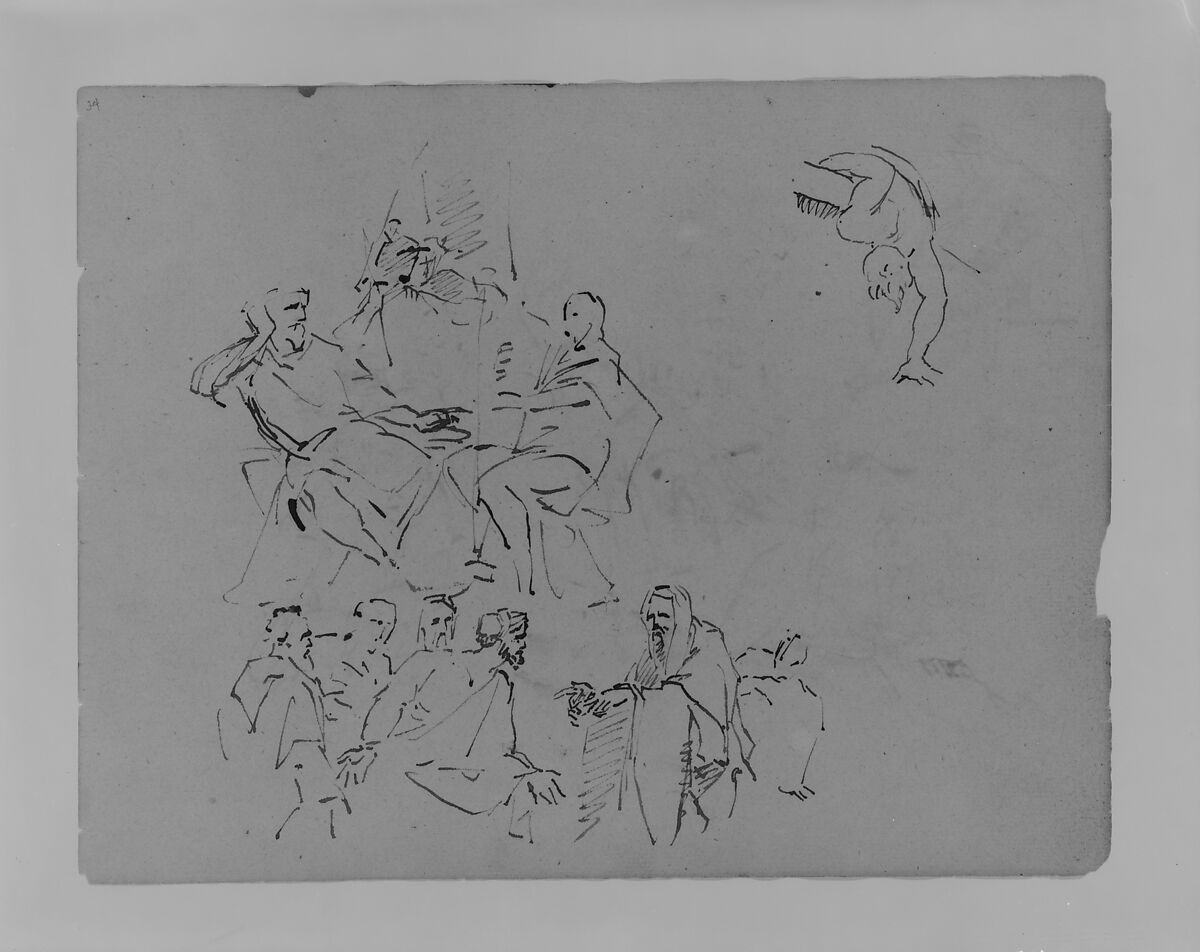 Two Figures Conversing; "Prophet" Addressing Group; a Man Leaning over a Ledge (from Sketchbook), Thomas Sully (American, Horncastle, Lincolnshire 1783–1872 Philadelphia, Pennsylvania), Wash, graphite, on paper, American 