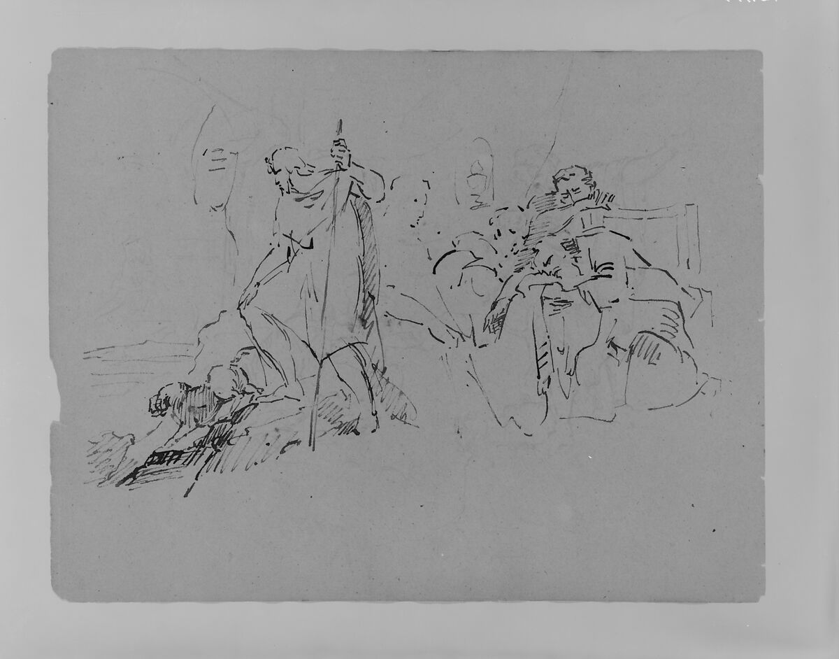 Man and Dog Overlooming Distant Landscape; Seated Man Collapsing, Attended by Three Figures (from Sketchbook), Thomas Sully (American, Horncastle, Lincolnshire 1783–1872 Philadelphia, Pennsylvania), Wash, graphite, on paper, American 
