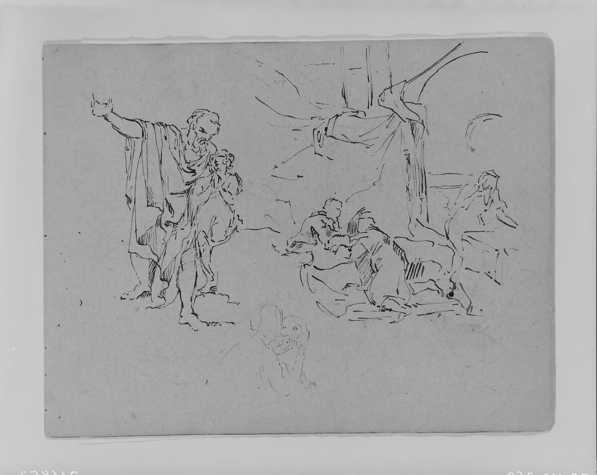 Man Gesturing, Composition Study, Woman Petting Dog (from Sketchbook), Thomas Sully (American, Horncastle, Lincolnshire 1783–1872 Philadelphia, Pennsylvania), Ink on paper, American 