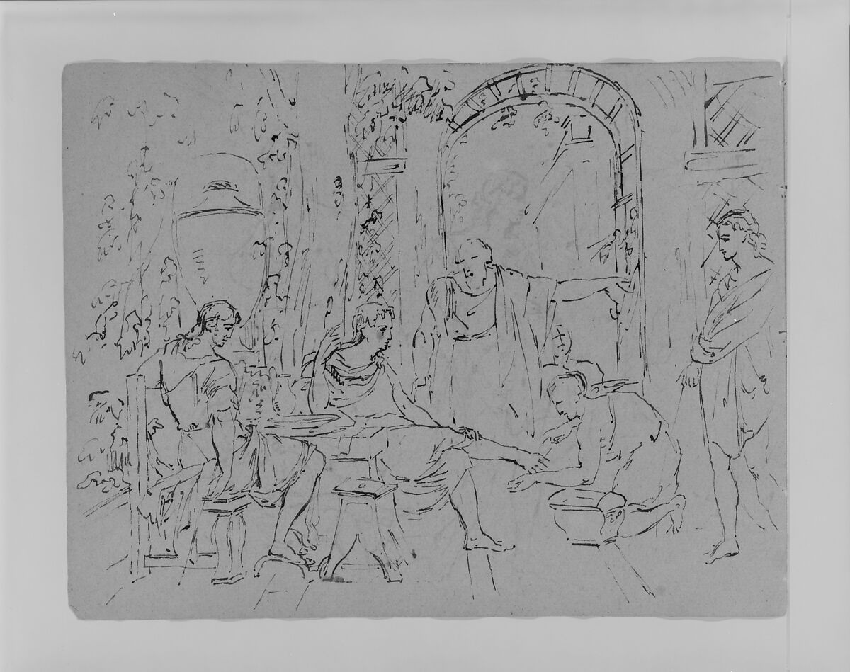 Compositional Study With Man Getting His Feet Washed (from Sketchbook), Thomas Sully (American, Horncastle, Lincolnshire 1783–1872 Philadelphia, Pennsylvania), Ink on paper, American 