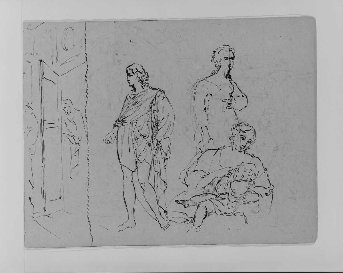 Compositional Study: Standing Draped Man, Female Figure (from Sketchbook), Thomas Sully (American, Horncastle, Lincolnshire 1783–1872 Philadelphia, Pennsylvania), Ink on paper, American 