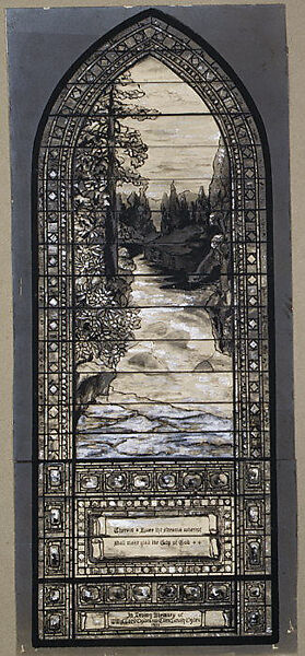 Design for River of Life window, Ogden Memorial, First Presbytarian Church, Brooklyn, New York, Louis C. Tiffany (American, New York 1848–1933 New York), Black ink, wash and opaque white on gelatin silver photograph mounted on paper board, American