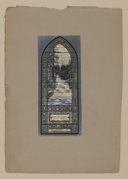 Design for River of Life window, Ogden Memorial, First Presbytarian Church, Brooklyn, New York, Louis C. Tiffany (American, New York 1848–1933 New York), Black ink, wash and opaque white on gelatin silver photograph mounted on paper board, American