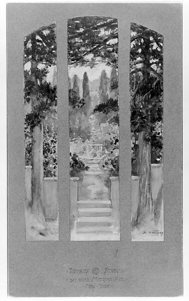 Design for Garden Landscape window for Linden Hall, the residence of Sarah Cochran, Dawson, Pennsylvania, Louis C. Tiffany (American, New York 1848–1933 New York), Transparent and opaque watercolor and graphite on wove paper, mounted on original grey mat board, American
