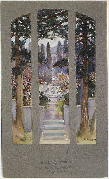 Design for Garden Landscape window for Linden Hall, the residence of Sarah Cochran, Dawson, Pennsylvania, Louis C. Tiffany (American, New York 1848–1933 New York), Transparent and opaque watercolor and graphite on wove paper, mounted on original grey mat board, American