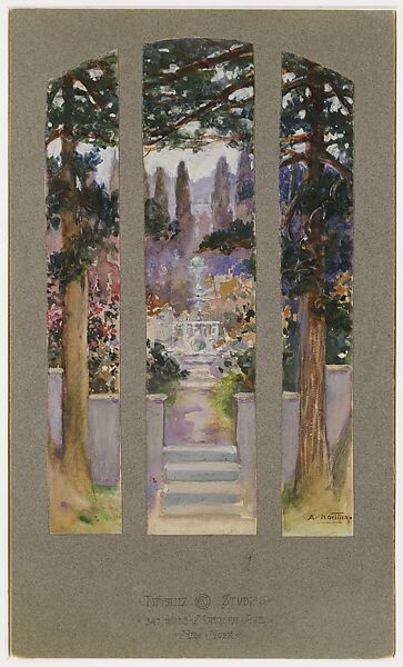 Design for Garden Landscape window for Linden Hall, the residence of Sarah Cochran, Dawson, Pennsylvania, Louis C. Tiffany (American, New York 1848–1933 New York), Transparent and opaque watercolor and graphite on wove paper, mounted on original grey mat board, American
