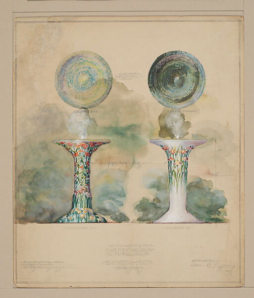 Suggestion for Glass Mosaic Bird Bath in Floral Design, Tiffany Studios (1902–32), Watercolor, brown ink, and graphite on artist board, American