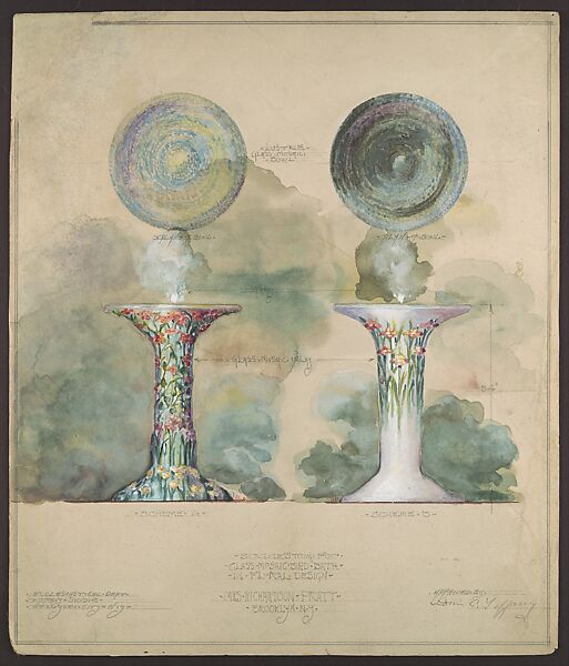 Design for mosaic birdbath, Possibly Tiffany Studios (1902–32), Watercolor, brown ink, graphite on artist board, American 