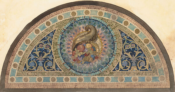 Suggestion for Mosaic Lunette, Merchants and Mechanics Bank, Scranton, Pennsylvania, Louis C. Tiffany (American, New York 1848–1933 New York), Transparent and opaque watercolor, pen and brown ink, pink colored pencil, and graphite on off-white wove paper, American