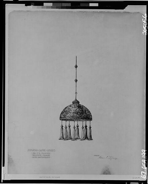 Drawing for hanging dome shade, Bellevue Palace, Bern, Switzerland, Louis C. Tiffany (American, New York 1848–1933 New York), Transparent and opaque watercolor, pastel, and graphite pencil on off-white wove paper mounted on paper board, American