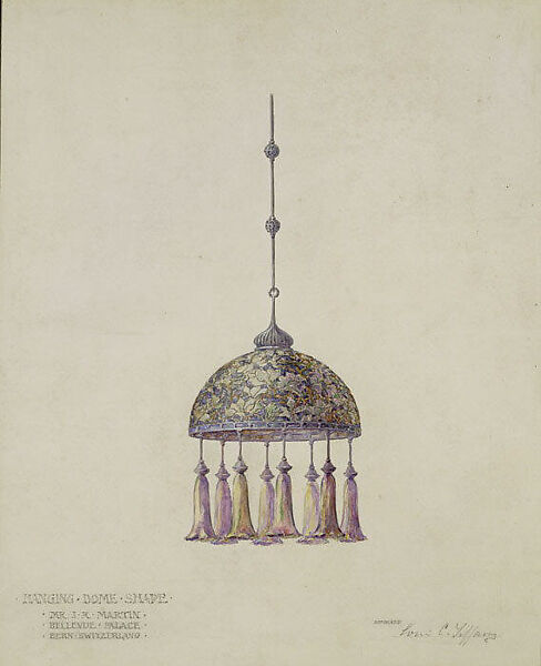 Drawing for hanging dome shade, Bellevue Palace, Bern, Switzerland, Louis C. Tiffany (American, New York 1848–1933 New York), Transparent and opaque watercolor, pastel, and graphite pencil on off-white wove paper mounted on paper board, American