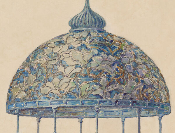 Drawing for hanging dome shade, Bellevue Palace, Bern, Switzerland, Louis C. Tiffany (American, New York 1848–1933 New York), Transparent and opaque watercolor, pastel, and graphite on paper mounted on paperboard, American