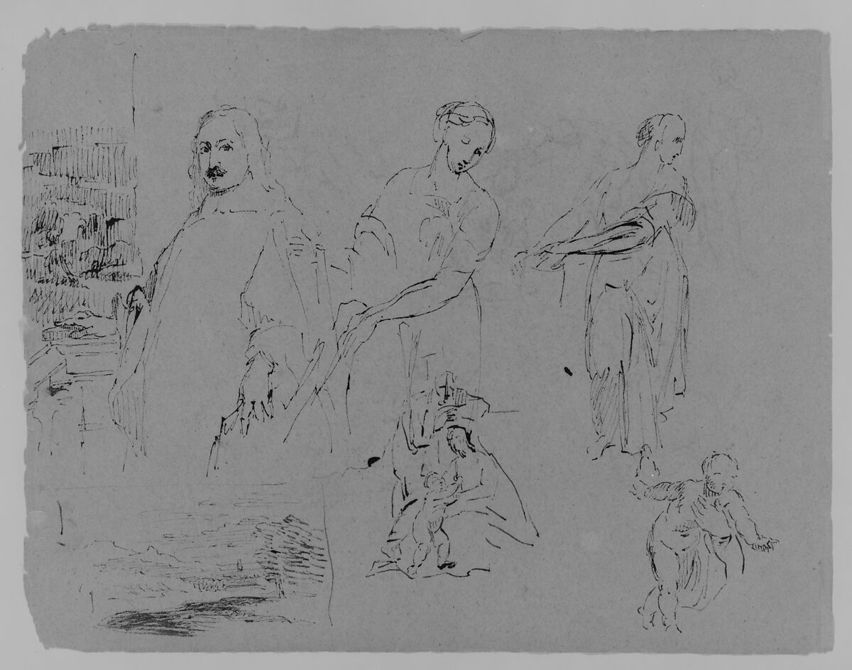 Portrait of [Poussin?]; Landscape Composition; Two Women; Woman and Child; Baby (from Sketchbook), Thomas Sully (American, Horncastle, Lincolnshire 1783–1872 Philadelphia, Pennsylvania), Ink, graphite on paper, American 