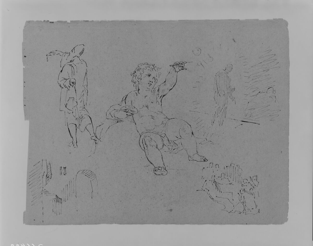 Draped Man from Rear (after Tintorietto?); Putto Making Bubbles (?); Shaded Figure in Radiance; Archway and Altar (?); Figure Composition (from Sketchbook), Thomas Sully (American, Horncastle, Lincolnshire 1783–1872 Philadelphia, Pennsylvania), Ink, graphite on paper, American 