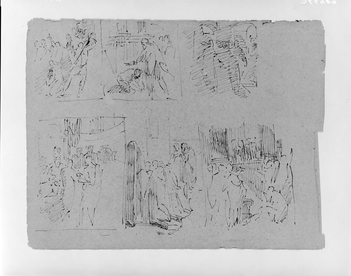 Six Figural Compositions, Some Possibly of Life of Christ (E.G.: Scourage at Pillar, Upper Left) (from Sketchbook), Thomas Sully (American, Horncastle, Lincolnshire 1783–1872 Philadelphia, Pennsylvania), Ink, graphite on paper, American 