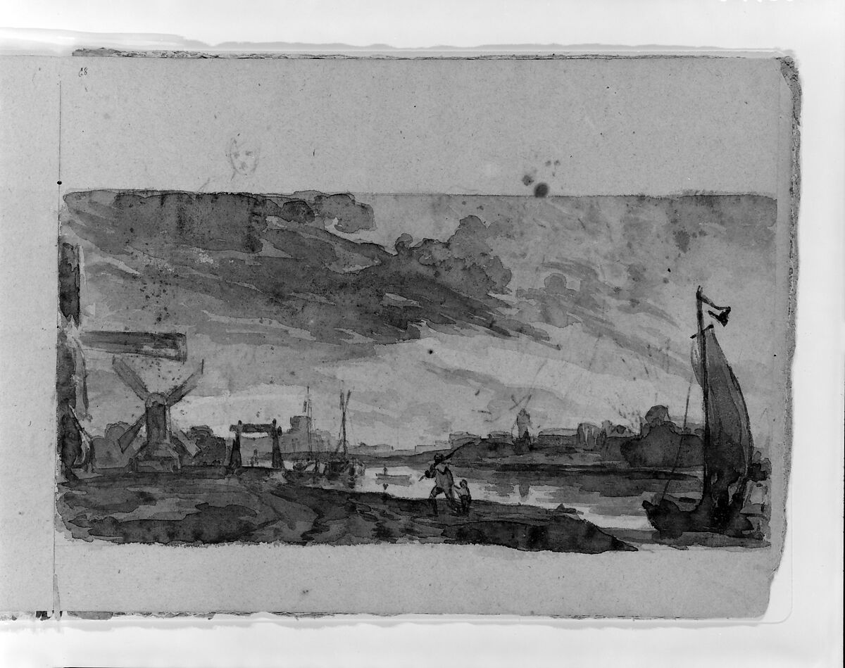 Cityscape with Windmills (Copy after Jan Van Goyen or Salomon Van Ruisdael?) (from Sketchbook), Thomas Sully (American, Horncastle, Lincolnshire 1783–1872 Philadelphia, Pennsylvania), Ink, wash, on paper, American 