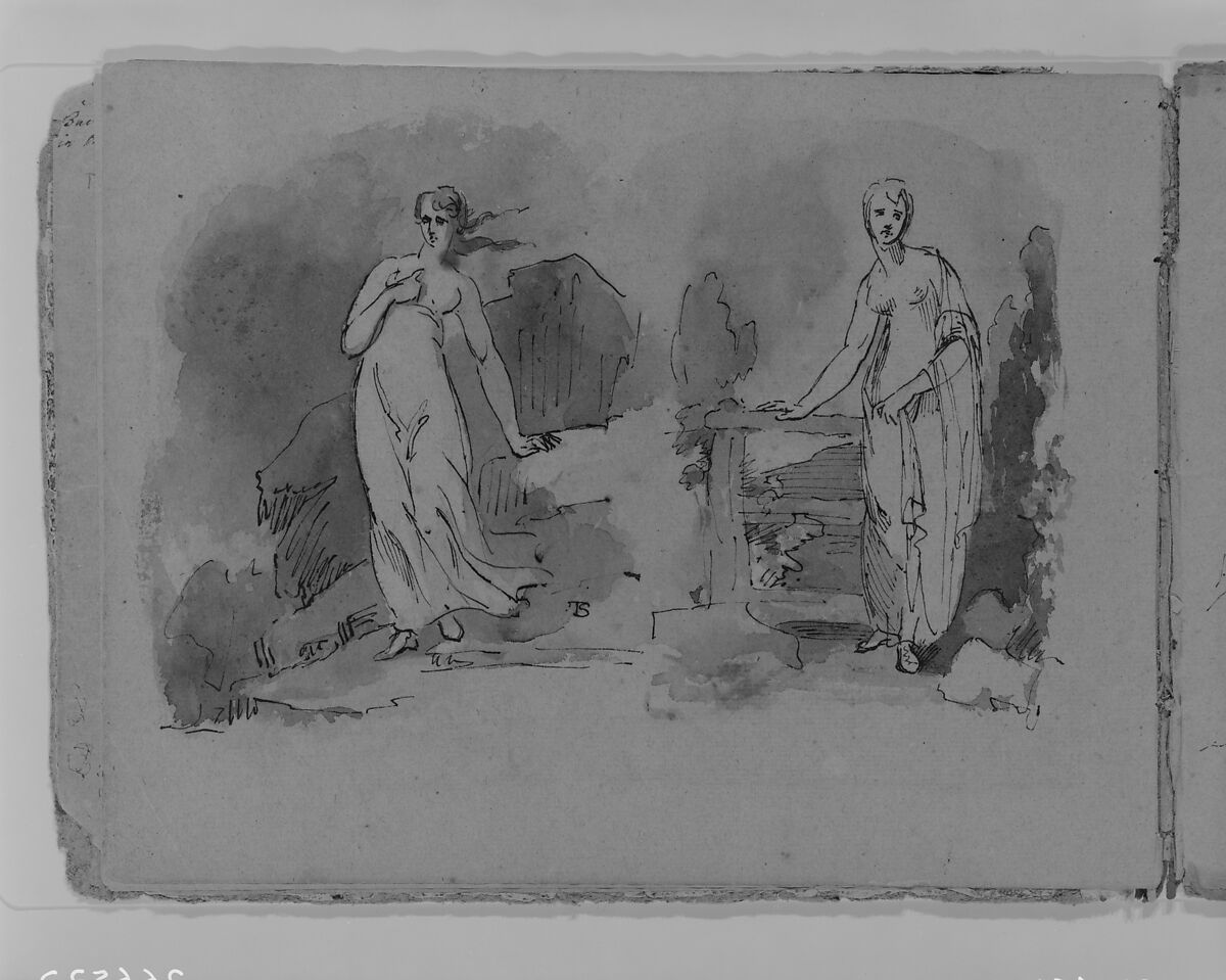 Two Woman in Classical Dress, Outdoors (from Sketchbook), Thomas Sully (American, Horncastle, Lincolnshire 1783–1872 Philadelphia, Pennsylvania), Ink, wash, on paper, American 
