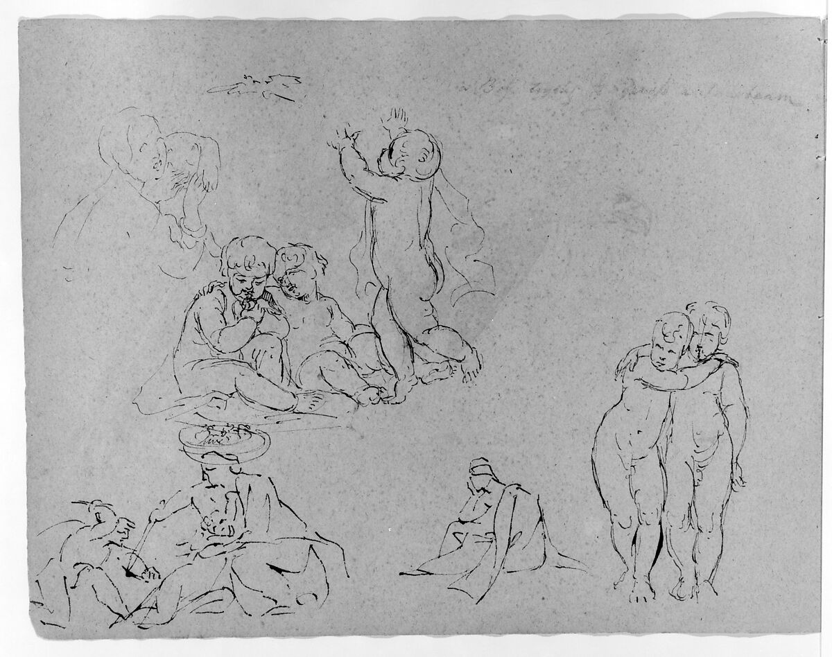 Groups of Putti; a Girl and Dog; Massacre of Innocents [?] (from Sketchbook), Thomas Sully (American, Horncastle, Lincolnshire 1783–1872 Philadelphia, Pennsylvania), Ink, wash, on paper, American 