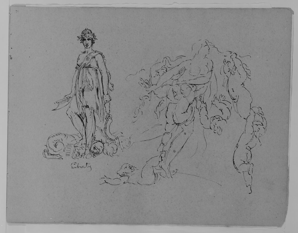 Liberty Figure; Fleeing Nude Female Figure with Putti (from Sketchbook), Thomas Sully (American, Horncastle, Lincolnshire 1783–1872 Philadelphia, Pennsylvania), Ink, wash, on paper, American 