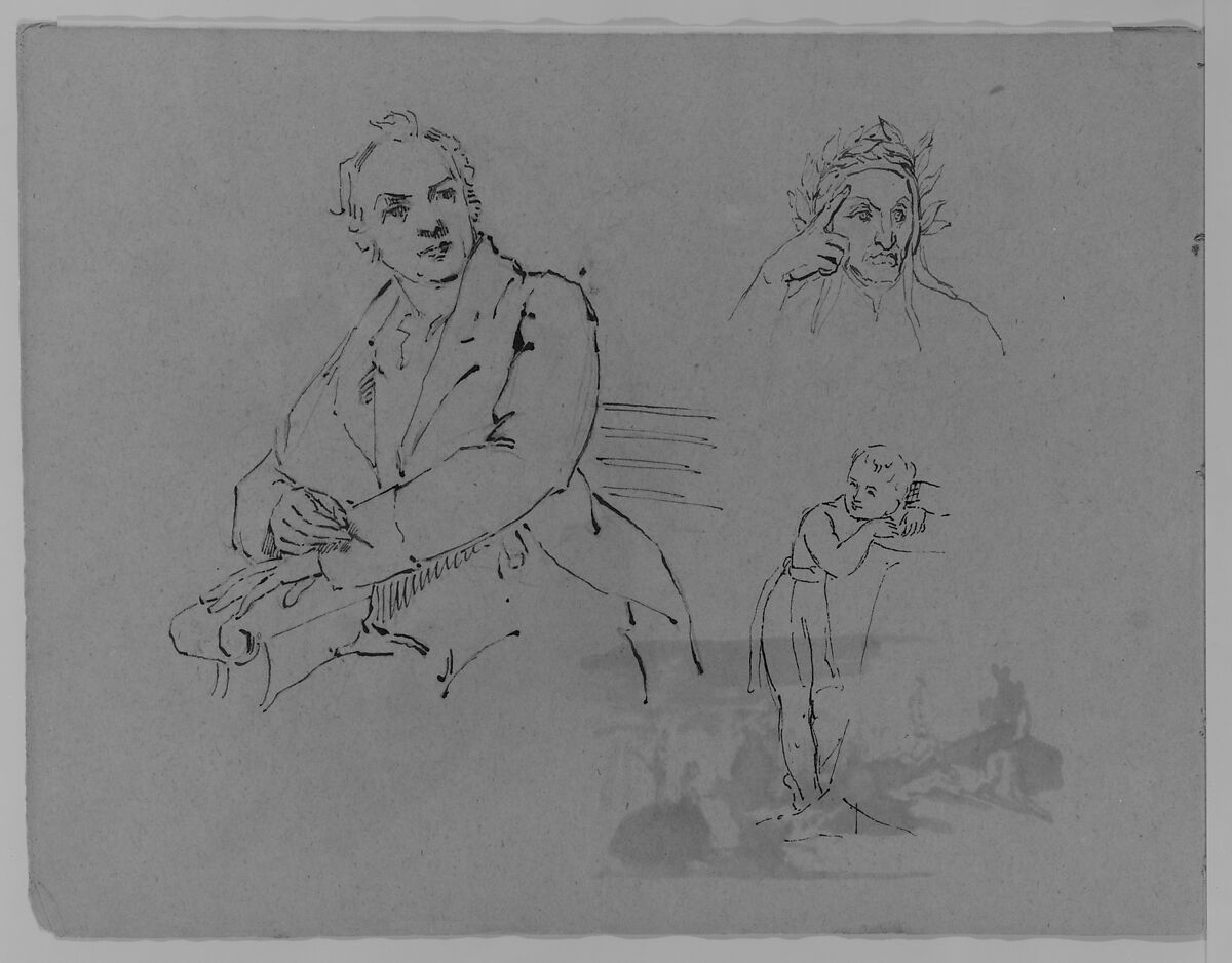Portrait of Seated Man; Bust of Contemplative Dante; Child Leaning on a Woman's Lap (from Sketchbook), Thomas Sully (American, Horncastle, Lincolnshire 1783–1872 Philadelphia, Pennsylvania), Ink, on paper, American 